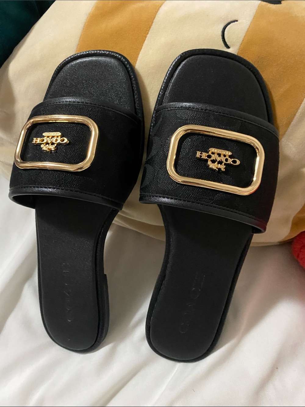 Coach Black Slide Mules with Gold Logo Buckle